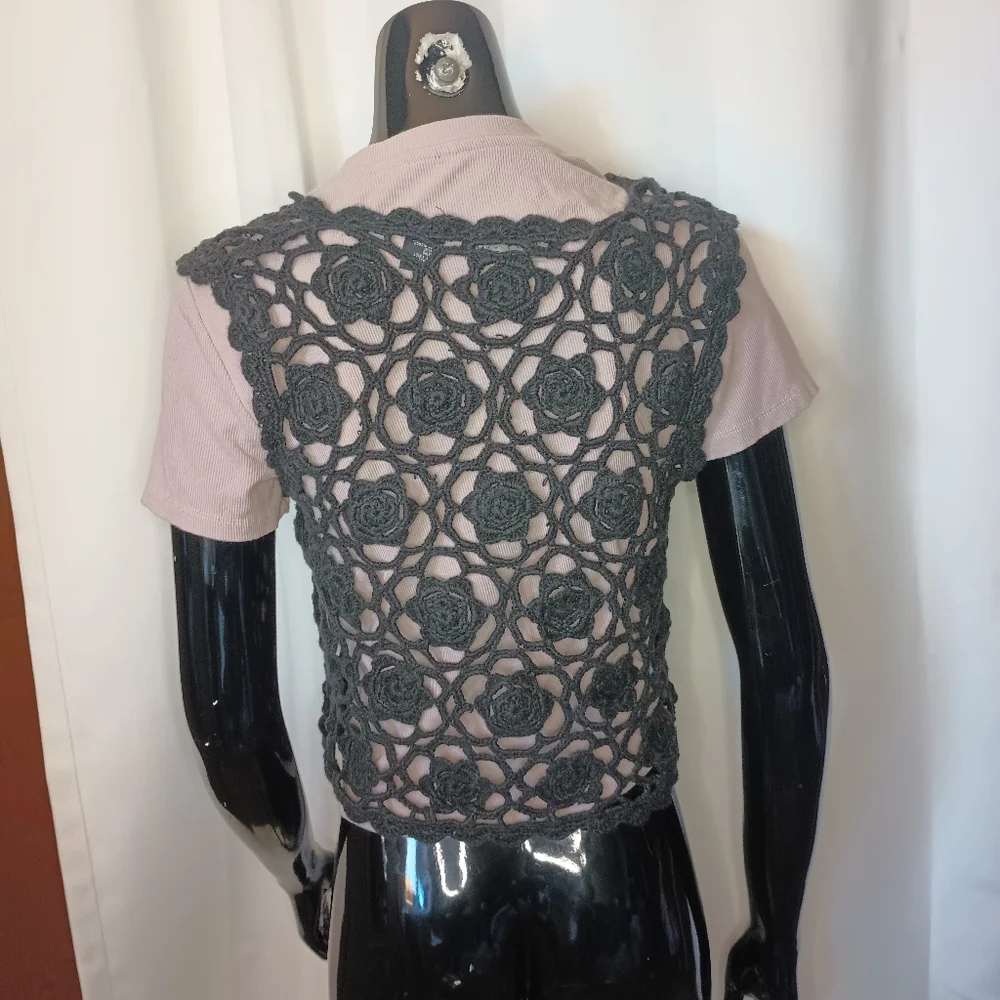 Vintage Cherry Stix Womens Crochet Button Vest OS/ S-M  Black 90s Fairy Grunge - Picture 7 of 11
